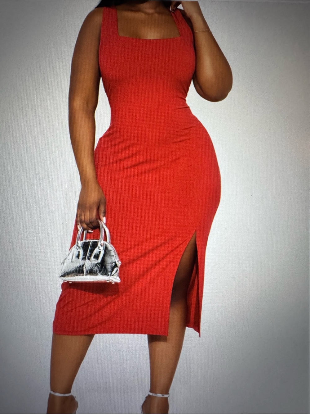 Fashion Nova Red Square-Neck Midi Dress with Side Slit